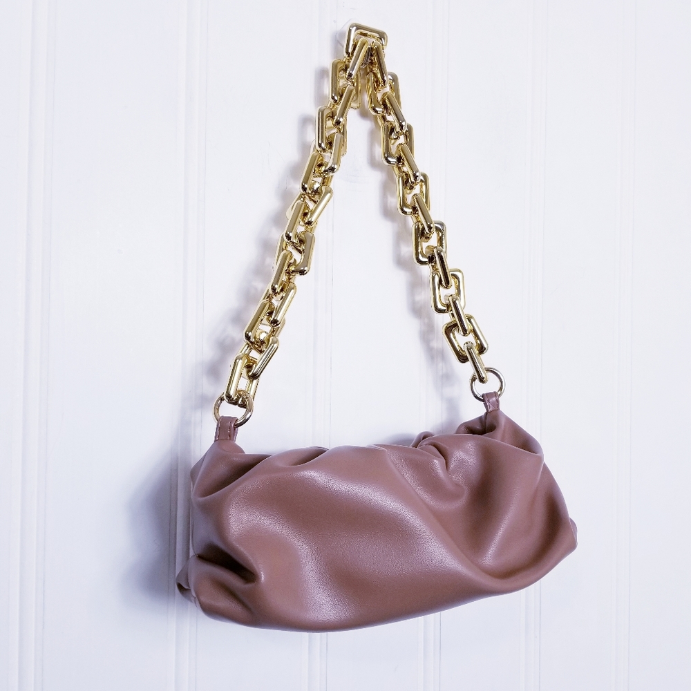 Chunky Gold Chain Link Brown Faux Leather Cloud Shoulder Bag Purse
